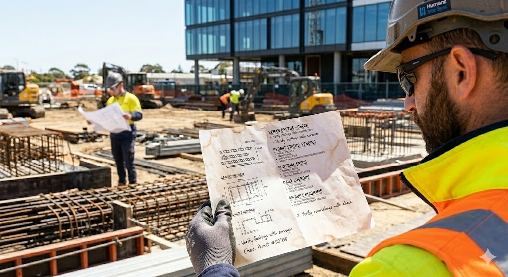 Site supervisor in hi-vis reading a hand-marked paper site document on a construction site, the scattered paperwork a document portal replaces