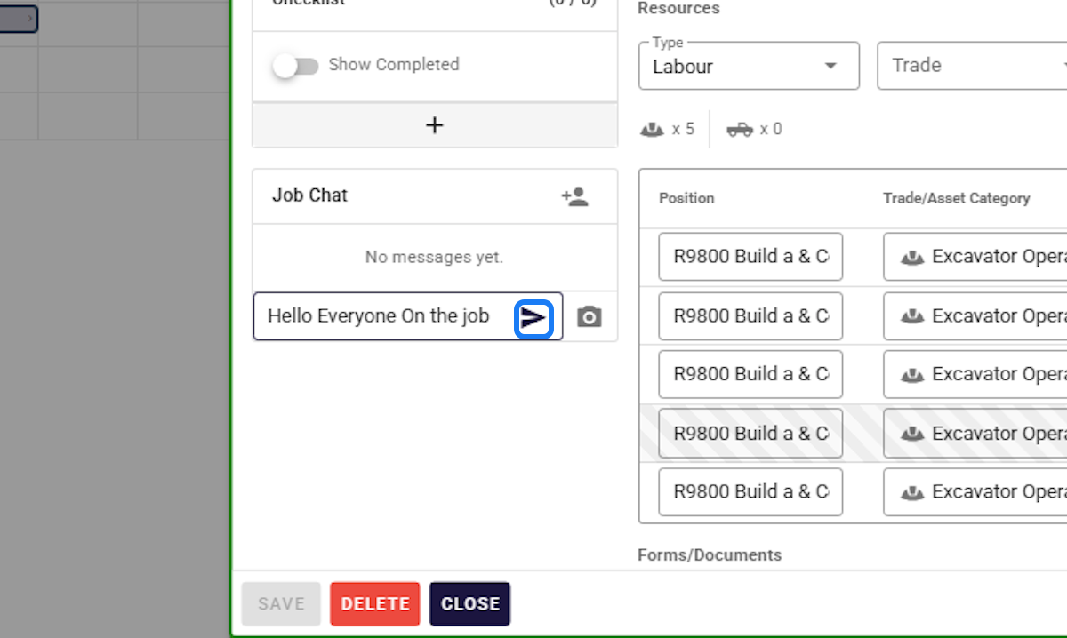 A Humanz job card showing positions, required trade categories, resource counts and the job chat in a single view