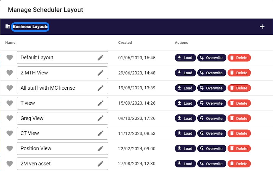 Managing saved scheduler layouts in Humanz, with named business layouts that any planner can load, overwrite or share