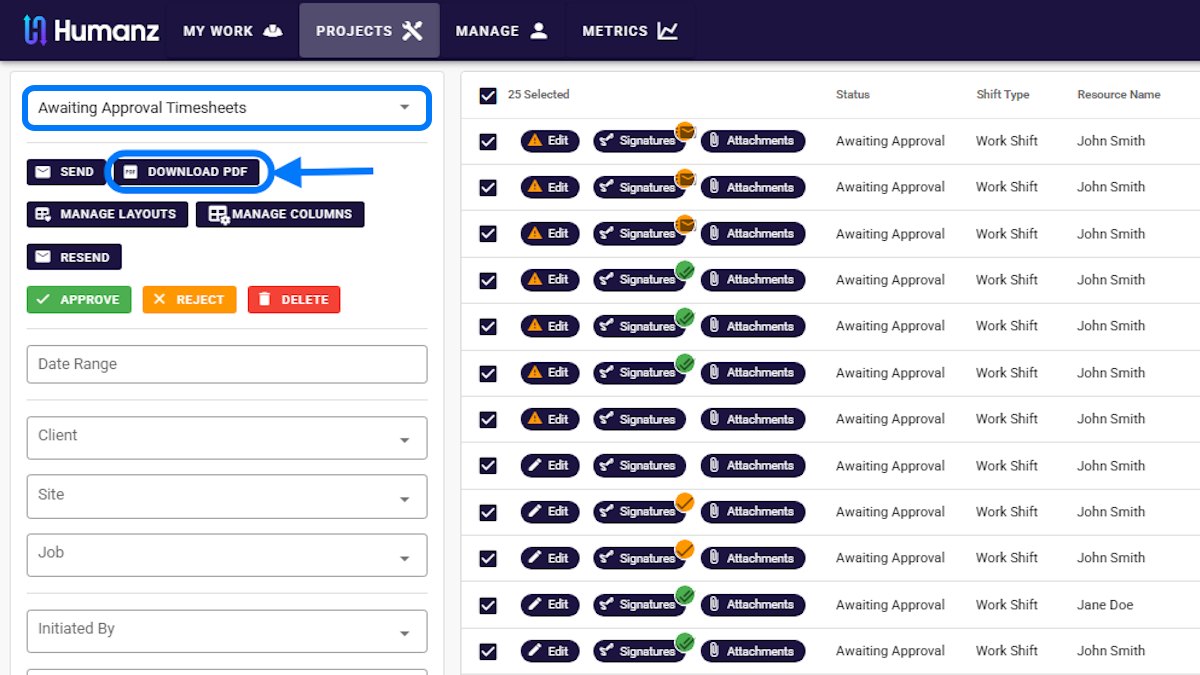 Timesheets awaiting approval in Humanz, filtered by client, site and job