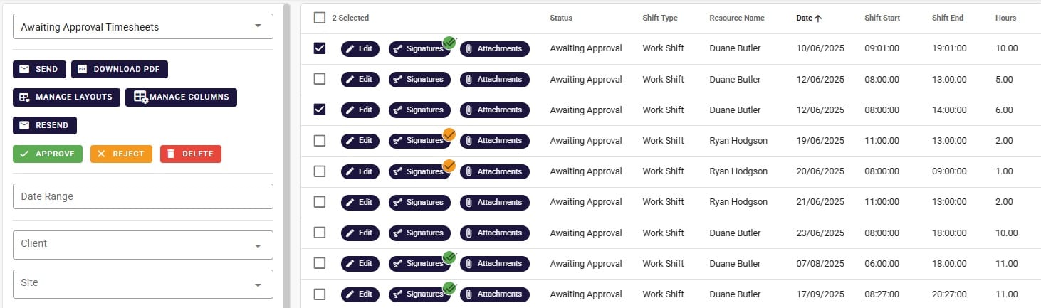 Humanz timesheet approval queue with bulk selection, approve and reject actions, signature status and attachments per shift