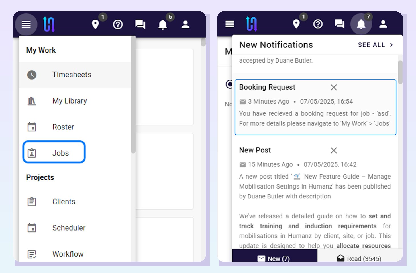 Humanz mobile app showing the My Work menu beside a booking request notification